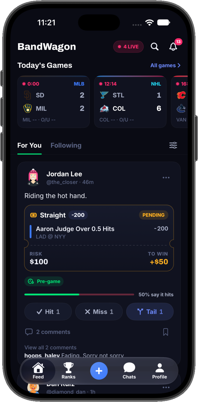 Bandwagon feed with live games and a posted pick