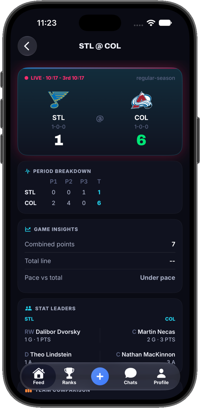 Live game detail screen