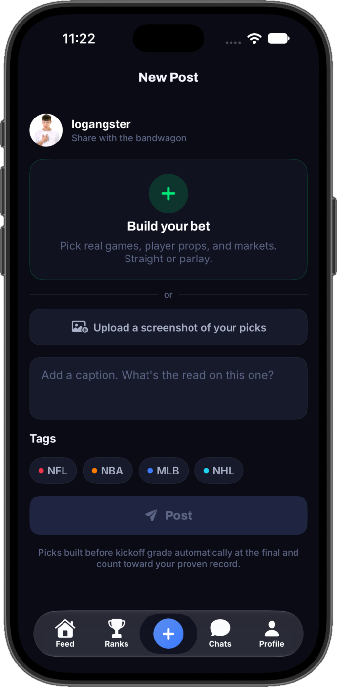 New post screen: build a bet or upload a screenshot